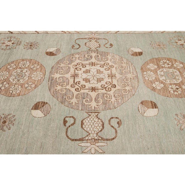 Textile Modern Khotan Style Handmade Green Geometric Wool Rug For Sale - Image 7 of 9