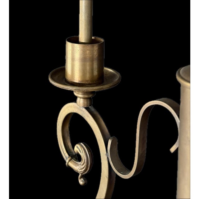Mid-Century Modern 1950s Italian Brass & Wood Double Arm Student Lamp With Milk Glass Shades For Sale - Image 3 of 11
