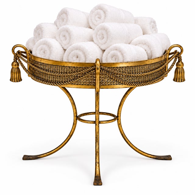 Gold 1960s Large Scale Italian Hollywood Regency Gilt Metal Tole & Tassel Planter Plant Stand For Sale - Image 8 of 8