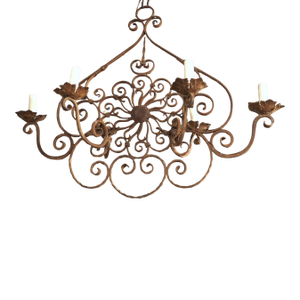 20th Century French Wrought and Scrolled Iron 6-Light Chandelier, L-51 Inches