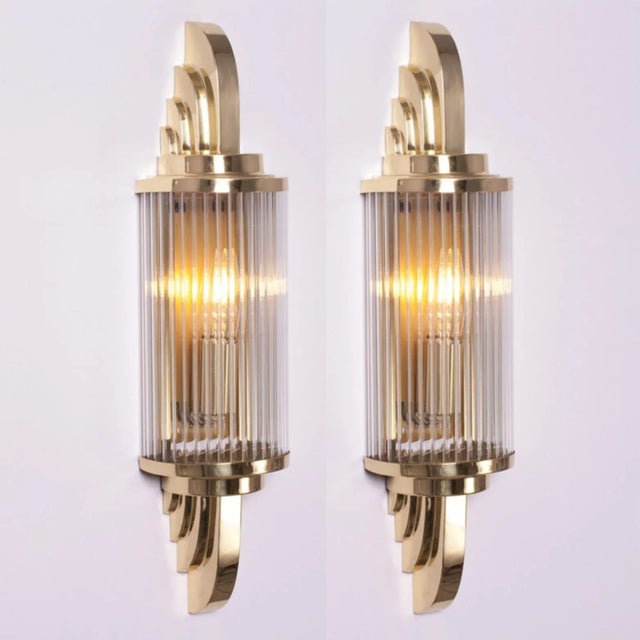 Pair Skyscraper Vintage Art deco light Old Lamp Wall Sconces Fixture Brass & Glass Rod Ship Light Excellent Working...