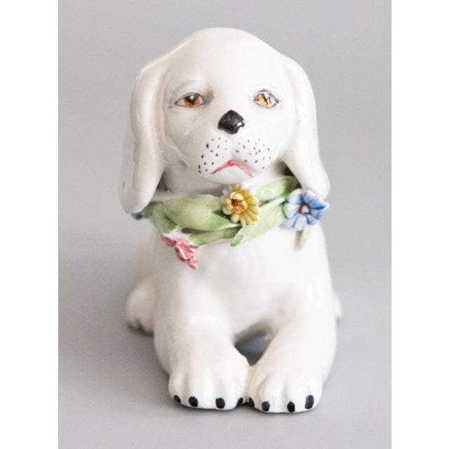 Italian Vintage Italian White Majolica Dog Figurine With Flower Wreath For Sale - Image 3 of 9