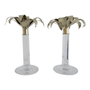 William Yoeward, "Alexis," 10" Crystal & Silver Palm Tree Candle Holders - A Pair
