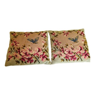 Vintage Wool Butterfly Flower Needlepoint Pillow Set of 2 For Sale