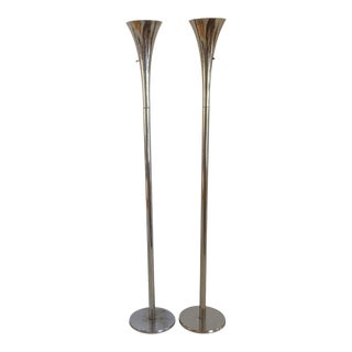 1970s Modern Chrome Tulip Uplighting Torchieres Floor Lamps - A Pair For Sale