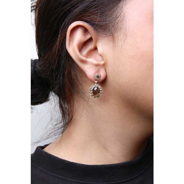 Haus of Brilliance 18K Rose Gold Diamond Accent and Lemon and Oval Smoky Color Quartz Gemstone Dangle Drop Earring (G-H For Sale - Image 4 of 5