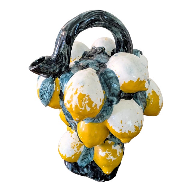 Vintage Italian Majolica Hand-Painted Ceramic Lemon Basket Pitcher For Sale