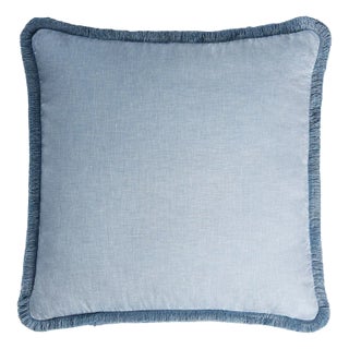 Light Blue with Light Blue Fringes Happy Linen Pillow by LO DECOR for Lorenza Briola For Sale