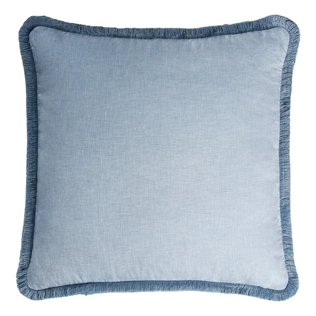 Light Blue with Light Blue Fringes Happy Linen Pillow by LO DECOR for Lorenza Briola For Sale