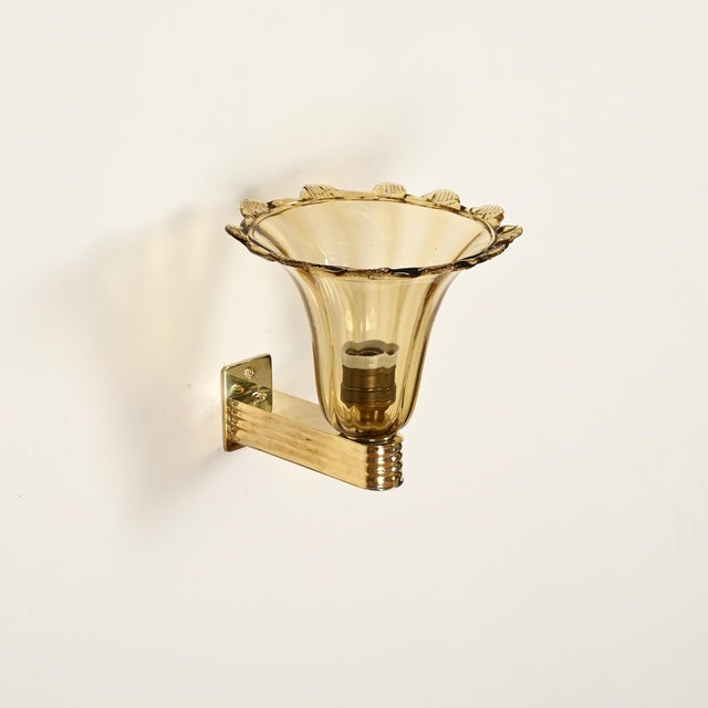 Murano Glass and Brass Flower Sconces by Barovier, Italy, 1940s, Set of 2 For Sale - Image 13 of 16