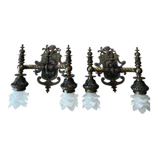 Vintage Pair of Bronze Gas Electric Spanish Revival Sconces For Sale