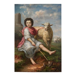 20th Century Oil on Canvas Painting Depicting a Shepherd Boy With a Sheep For Sale