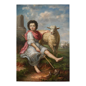 20th Century Oil on Canvas Painting Depicting a Shepherd Boy With a Sheep