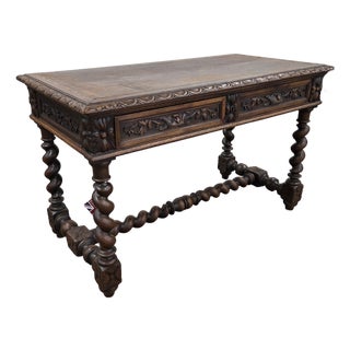 Mid 19th Century Jacobean Carved Oak Barley Twist H-Stretcher and Leg Writing Table For Sale