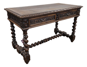 Mid 19th Century Jacobean Carved Oak Barley Twist H-Stretcher and Leg Writing Table