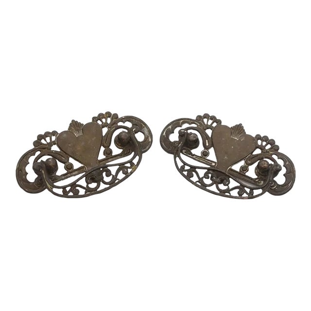 Pair of Vintage 5.75 In. Dark Brass Patina Heart Dresser Pulls For Sale