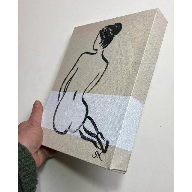 Simple black line figure sketch in acrylic on raw canvas. 8"x10"x1.5" gallery wrap canvas. No need to frame. See side view...