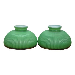 Antique Green Ribbed Glass Chandelier Oil Lamp Shades 11" - a Pair For Sale