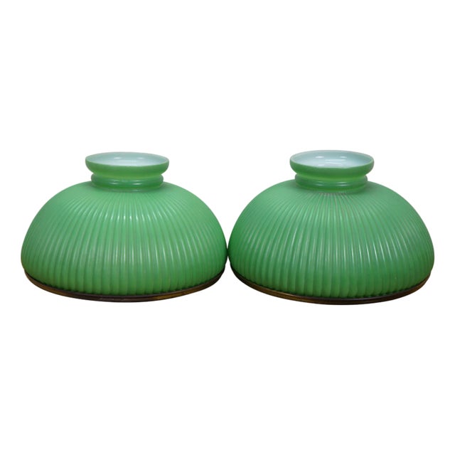 Antique Green Ribbed Glass Chandelier Oil Lamp Shades 11" - a Pair For Sale