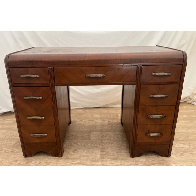 Gorgeous Art Deco Desk Waterfall Top Seven Dovetail Brass Drawers Walnut Finished Back 44" Wide X 23" Deep X 31" Tall....