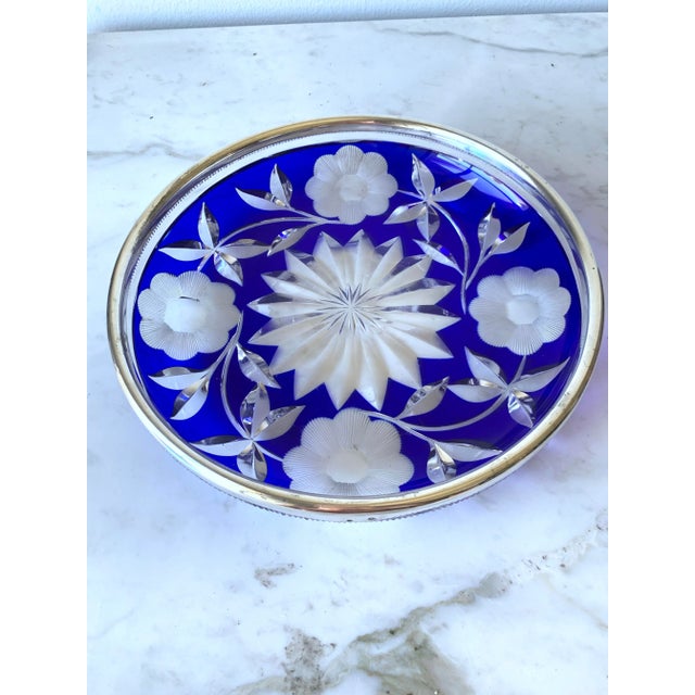 The 19th Century Austro-Hungarian Cobalt Cut to Clear Silver Rimmed Console Bowl is a stunning piece of Bohemian cut...