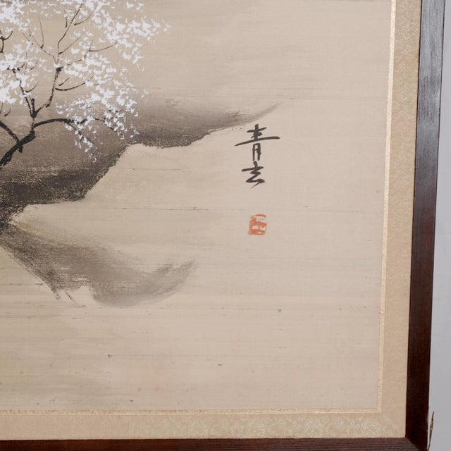 Mid-Century Modern 1950s Japanese Byobu "Waterfall Powered Mill" Hand Painted on Silk 4-Panel Folding Screen in Very Good Condition For Sale - Image 3 of 7