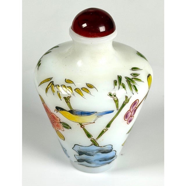 1950s 1950s Stunning Painted Enamel Peking Glass Snuff Bottle With Bird and Flowers For Sale - Image 5 of 7