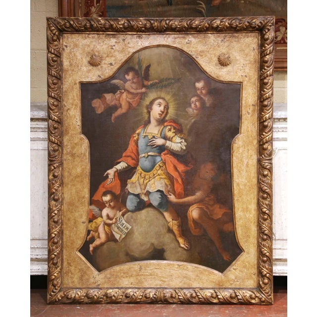 Plastic 18th Century Spanish Baroque Saint Julius Martyr Oil Painting With Angels For Sale - Image 7 of 13