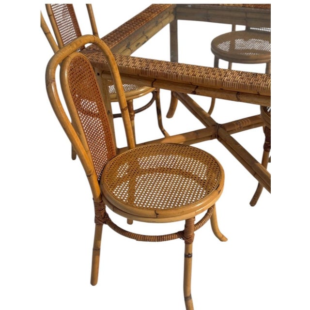 Mid-Century Modern 1970s Palm Beach Style Rattan Dining Set With Glass Top Table and Four Cane Back Chairs For Sale - Image 3 of 12