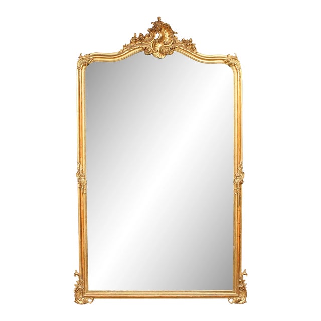 19th Century French Louis XV Style Gilded Mirror With Beveled Glass, Carved Cartouche Crest For Sale