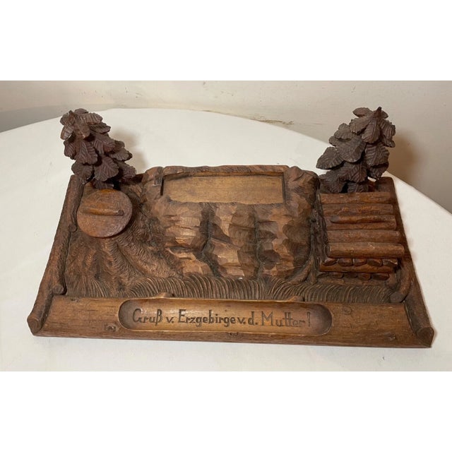 Folk Art Huge Antique 1800's Carved Black Forest Wood German Desk Inkwell Stand Sculpture For Sale - Image 3 of 14