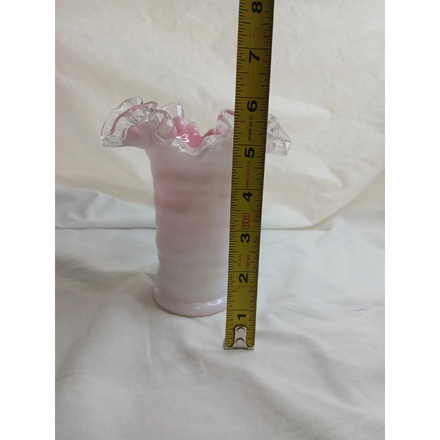 1990s Vintage MCM Fenton Pink Crest Ruffled EdgeMilk Glass Vase For Sale - Image 5 of 5