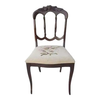 Vintage 1940's Wood Hand Carved Chair Fabric Upholstered Seat For Sale