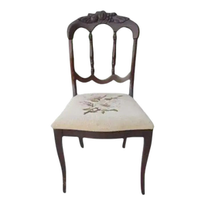 Vintage 1940's Wood Hand Carved Chair Fabric Upholstered Seat