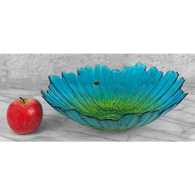 - Original 1970's Glass Bowl - Fused Glass from Spain - Monumental Sized - 14" Wide - Attractive Blue & Green Reverse...