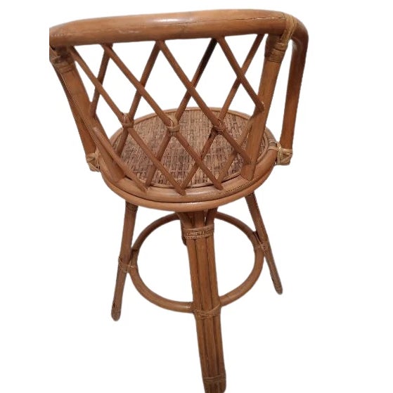 1980s Bamboo Wicker Rattan Swivel Barstool Honey Color Set of 3 For Sale - Image 4 of 7