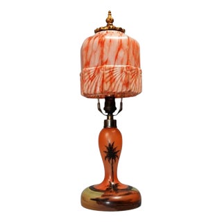 Art Deco British Egyptian Revival Hand-Painted Glass Boudoir Table Lamp, 1930s For Sale