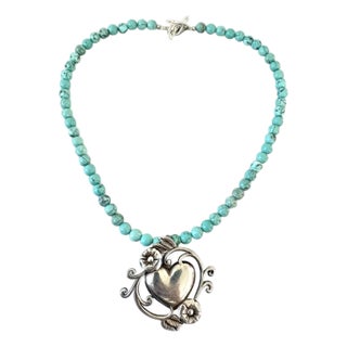 Turquoise Beaded Neckalce With Sterling Silver Heart Pendant For Sale