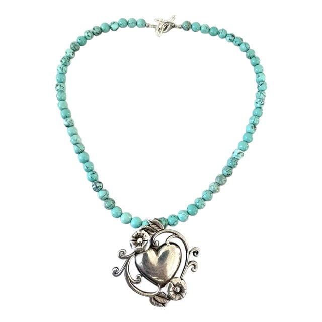 Turquoise Beaded Neckalce With Sterling Silver Heart Pendant For Sale