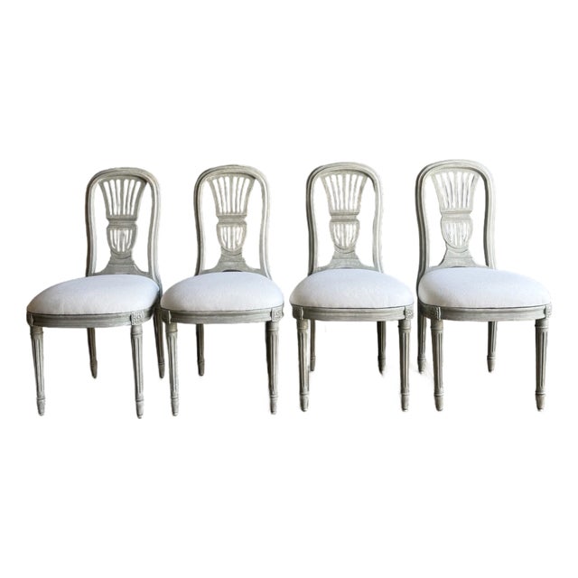 Late 19th Century Set of 4 European Painted Dining Chairs With Linen Upholstery For Sale