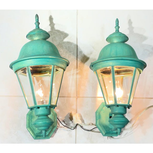 Pair Vintage Solid Brass Verdigris Carriage Lanterns-Traditional Colonial Style For Sale - Image 9 of 16