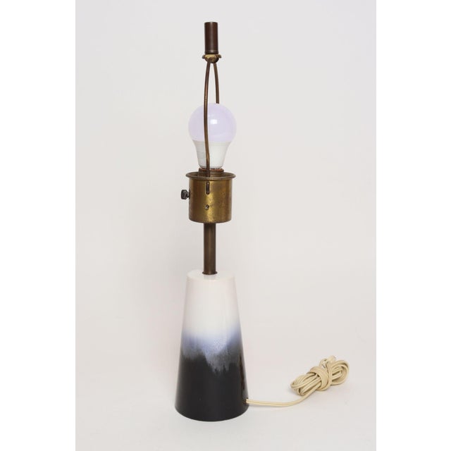 Metal Vintage Atomic Aladdin Matte Blue and White Glazed Ceramic Table Lamp With Shade For Sale - Image 7 of 18