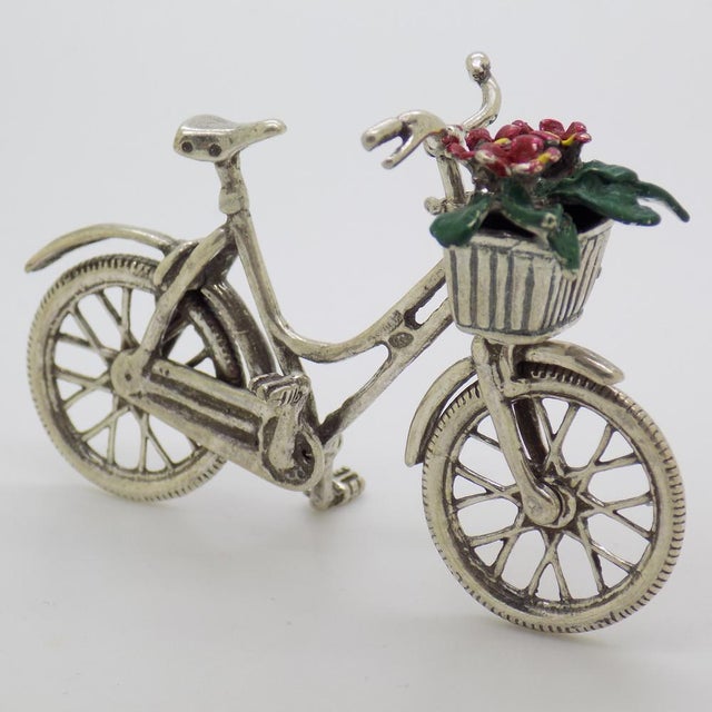 Vintage Italian Handmade Silver Bicycle with Flower Basket, 1980s For Sale - Image 3 of 11