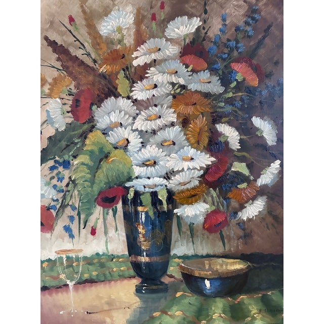 Vintage Original Floral Oil Painting With Wildflowers in Blue Vase For Sale - Image 4 of 14