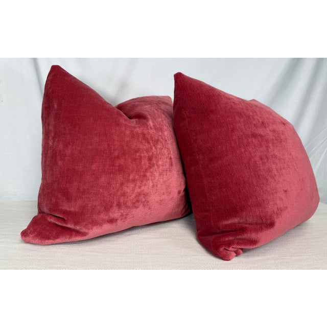 Transitional LInen Velvet in Raspberry 22" Pillows-a Pair For Sale - Image 3 of 3