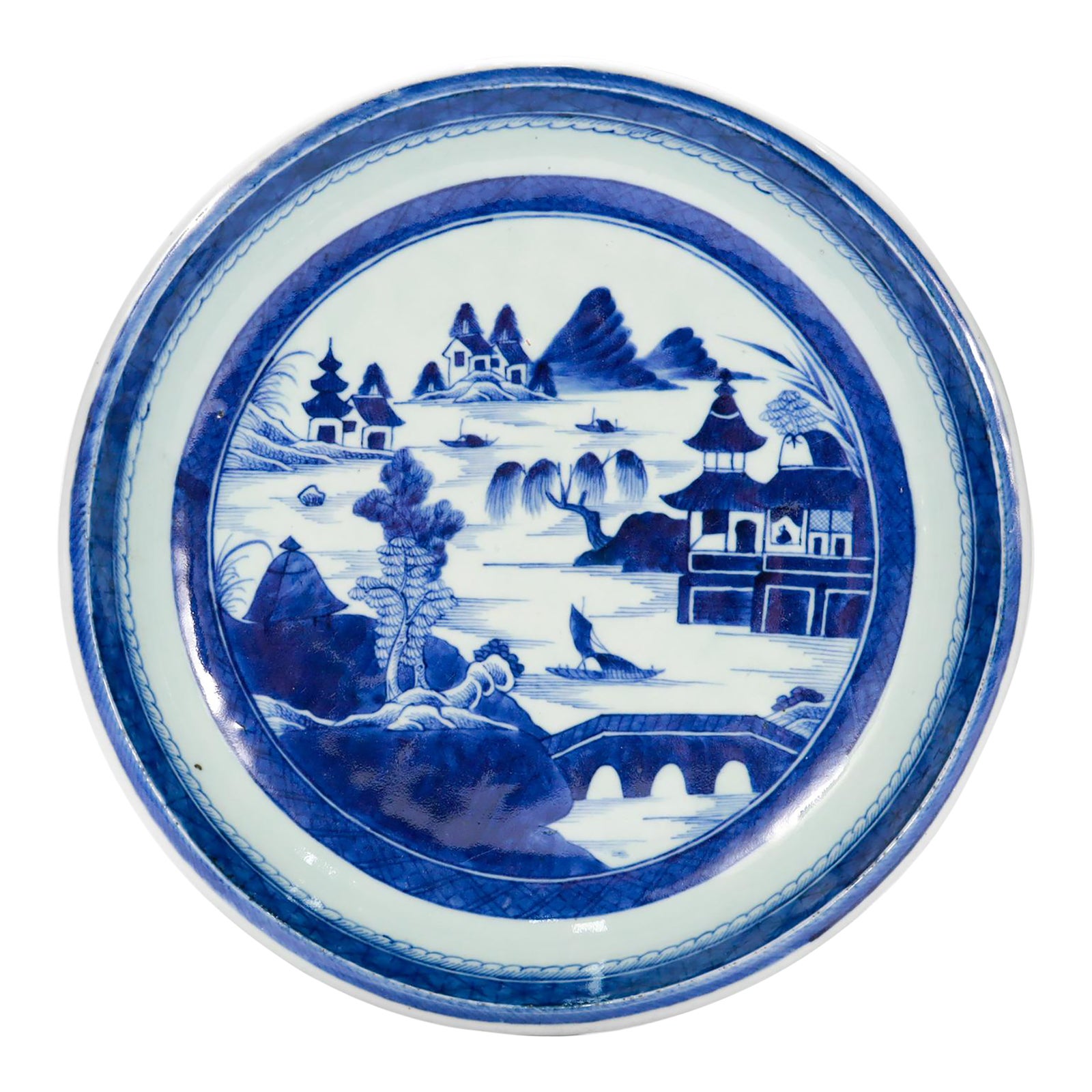 Large Round Antique Blue & White Canton Pattern Chinese Export ...