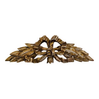 Vintage Carved Giltwood Louis XVI Ribbon Bow & Laurel Wall Ornament – 19" For Sale