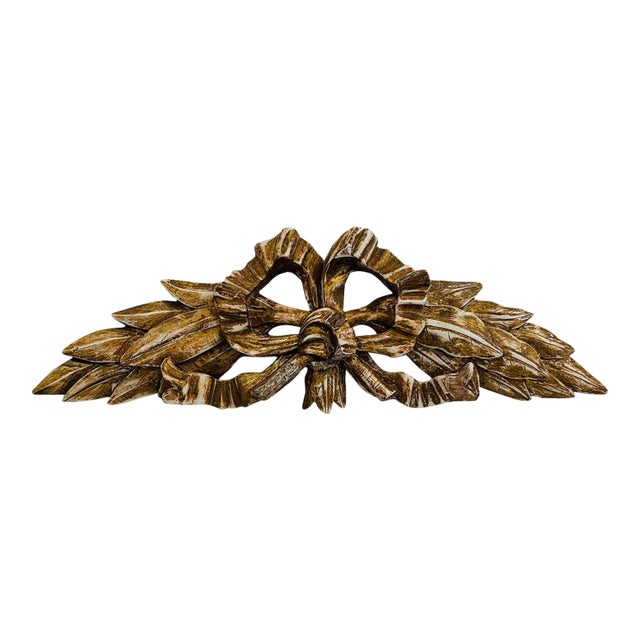 Vintage Carved Giltwood Louis XVI Ribbon Bow & Laurel Wall Ornament – 19" For Sale