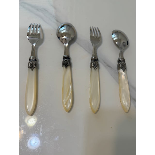 Mid 20th Century Stainless Steel Eme Inox Napoleon Flatware Set, Made in Italy From 18/10 Pearlized Acrylic Handler/Pearl Ivory Set for 8- 17 Pieces For Sale - Image 10 of 12
