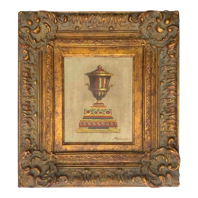 Late 20th Century Painting Classic Urn Oil on Canvas Lidded Vase Signed Medina Vintage Rococo Art For Sale